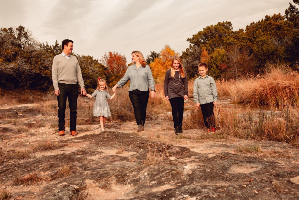 Hamilton Lindley family walking in Marble Falls Texas